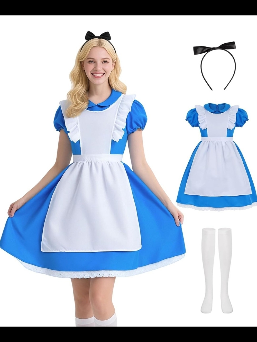 Adult Blue Dress Costume for Women Halloween Princess Costumes W/ Socks Hairband